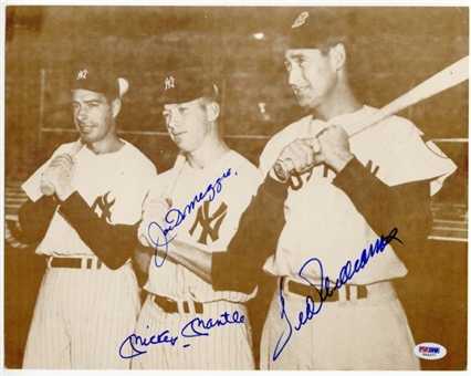 Mickey Mantle, Joe DiMaggio and Ted Williams signed Sepia Toned Photograph (PSA/DNA)